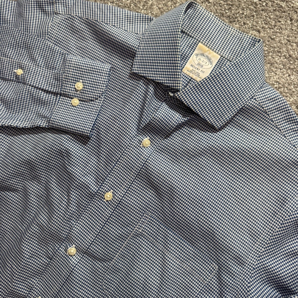 Brooks Brothers Dress Shirt Mens 15 2/3 Blue Houndstooth Cotton Regent Fit 1818